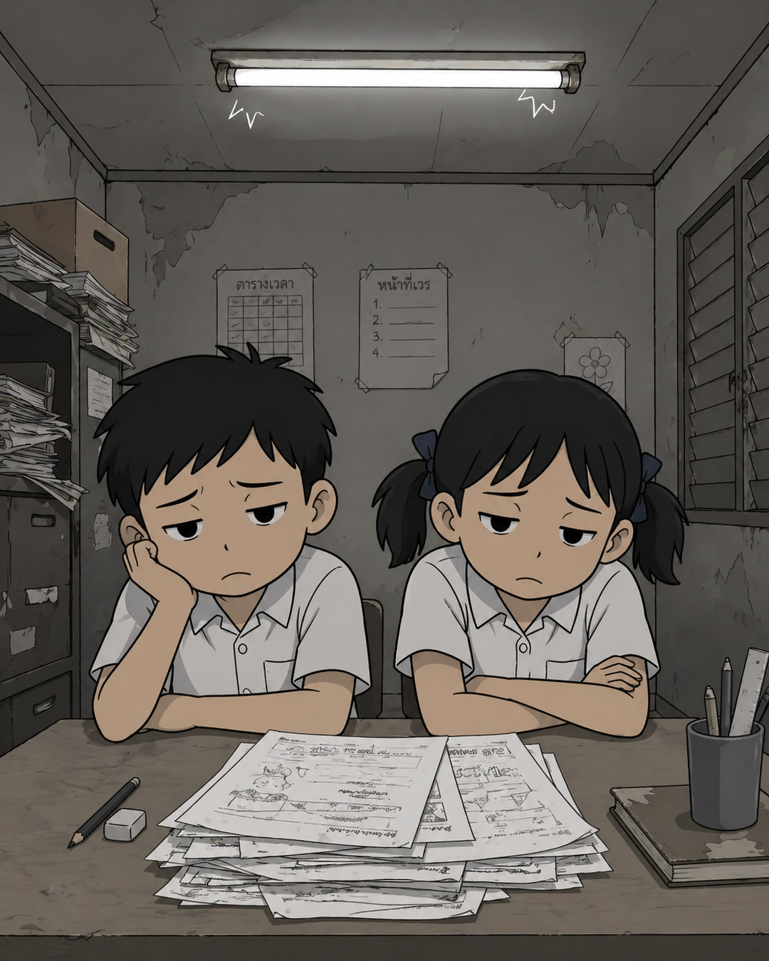 A dull, joyless cheap tutoring room — bored students with photocopied worksheets
