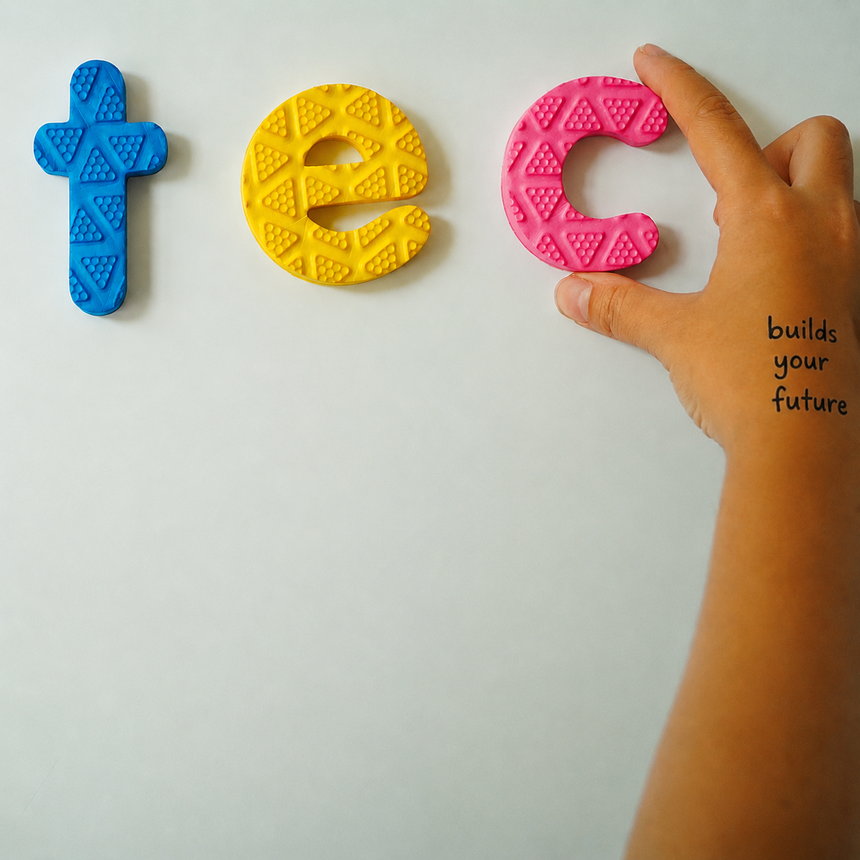The TEC identity — colourful letters made by a child's hands