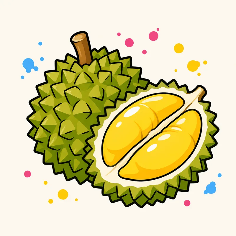 Cartoon durian, opened to show the golden flesh