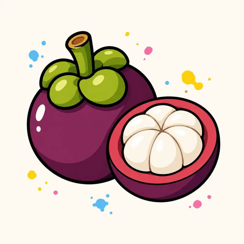 Cartoon mangosteen, whole and halved