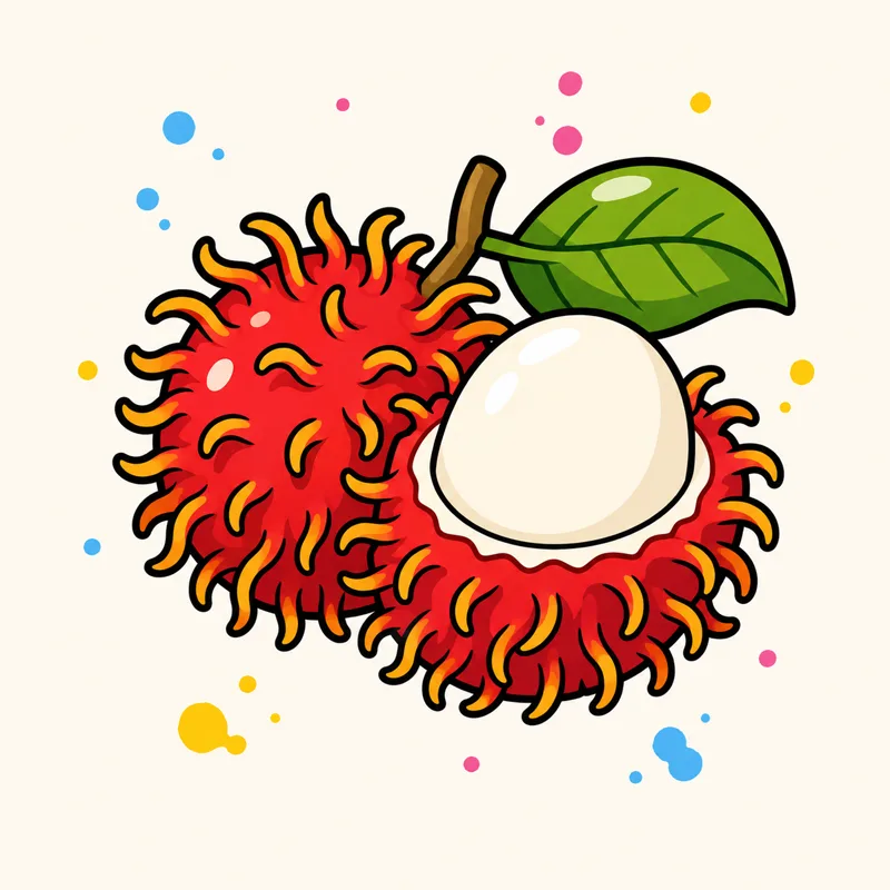 Cartoon rambutans, one peeled open