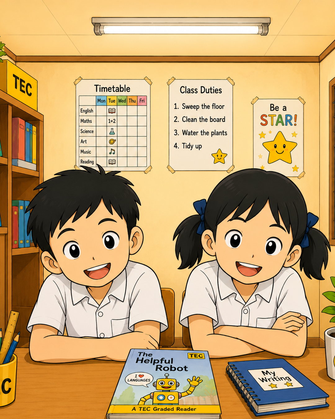 A bright, warm TEC classroom — confident, happy students with real books