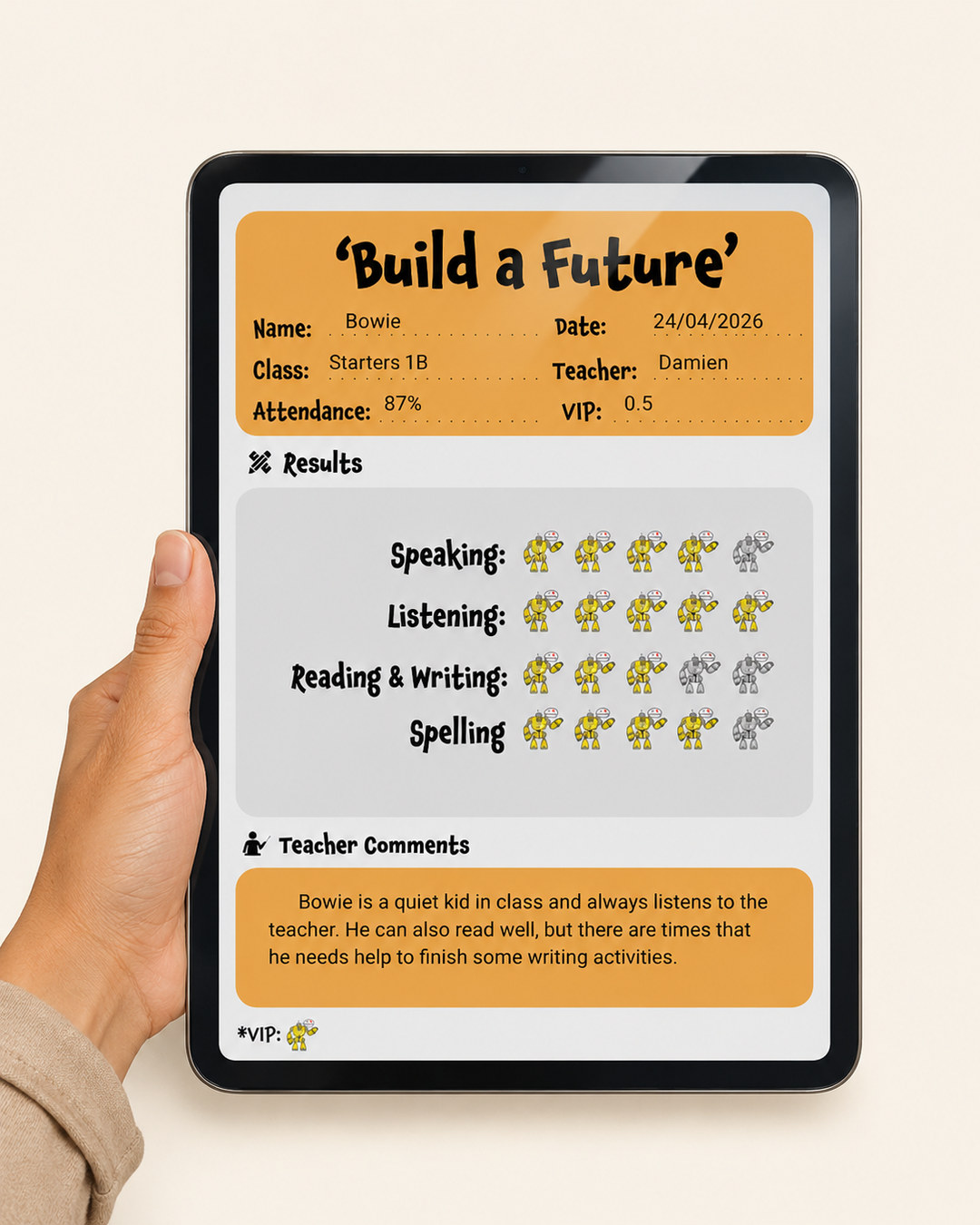 A TEC parent holding an iPad showing a child's weekly Visible Learning report card